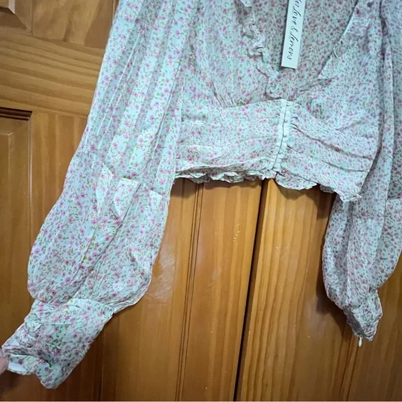 For Love And Lemons Pink and Green Ruffled Crop Blouse - Picture 9 of 15